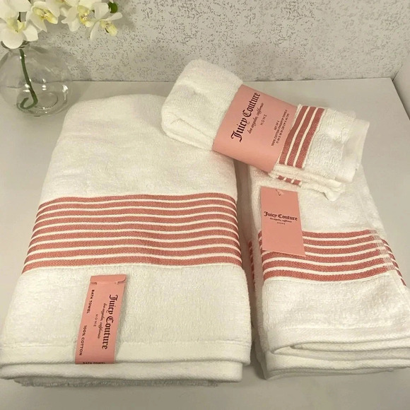 🆕 Juicy Couture White with Pink Trim Towel Set - Picture 1 of 4